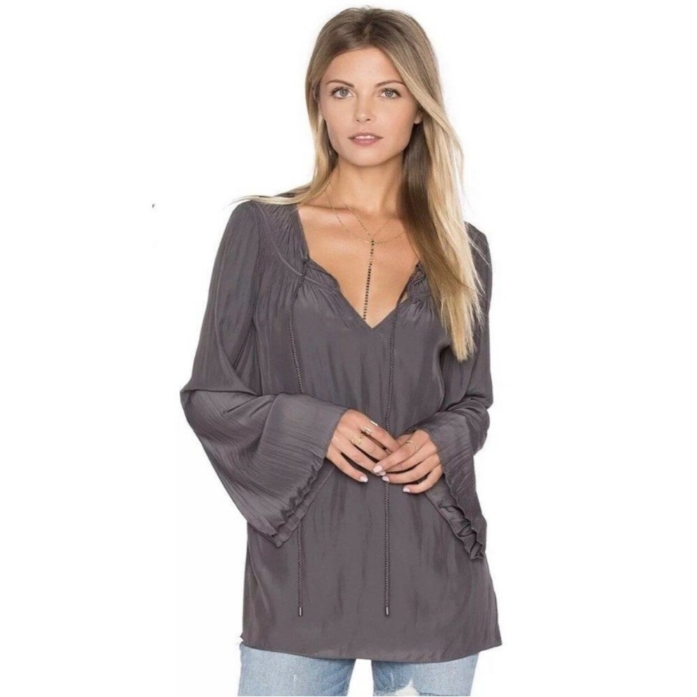 Ramy Brook White Long Pleated Sleeve Split Beck Blouse Top Size S